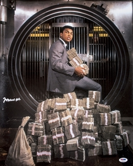 Muhammad Ali Autographed 16x20 Photograph of Ali in Bank Vault (PSA/DNA)